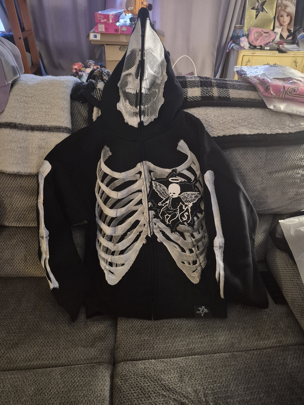 Hasta Muerte Boys Black Zipup  Hoodie Fleece Skeleton Skull Graphic Size S